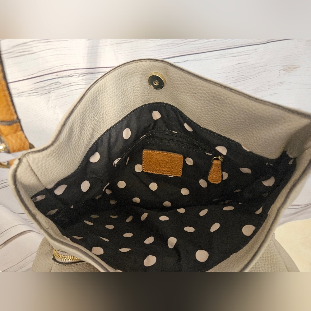 Anne Klein Colorblock Pebbled Faux Leather Shoulder Bag | Tan Cream Beige Tote - Picture 7 of 13